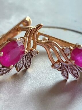 Gold 12k Pink Ruby Floral Drop Earrings